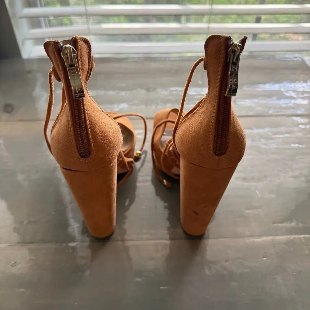 Nicole by Nicole Miller Camel Open Toe Sophia Block Heel Wedges Sz 8.5